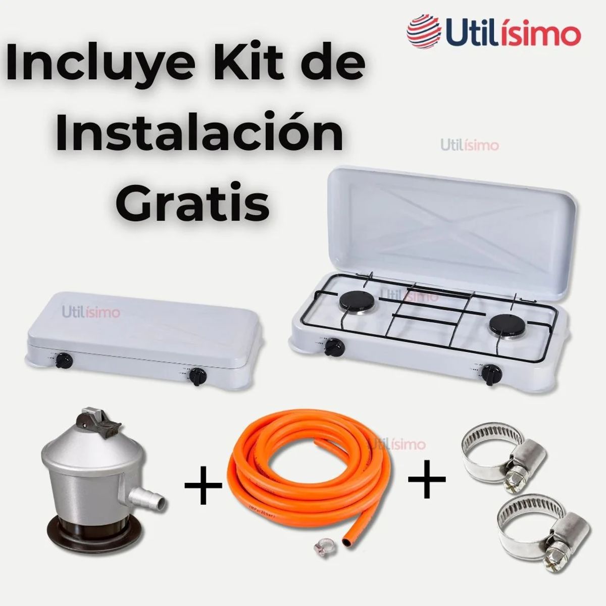LINE - Cocina Encimera A Gas Licuado 2 Platos + Kit De Instalación Cocinilla Blanco