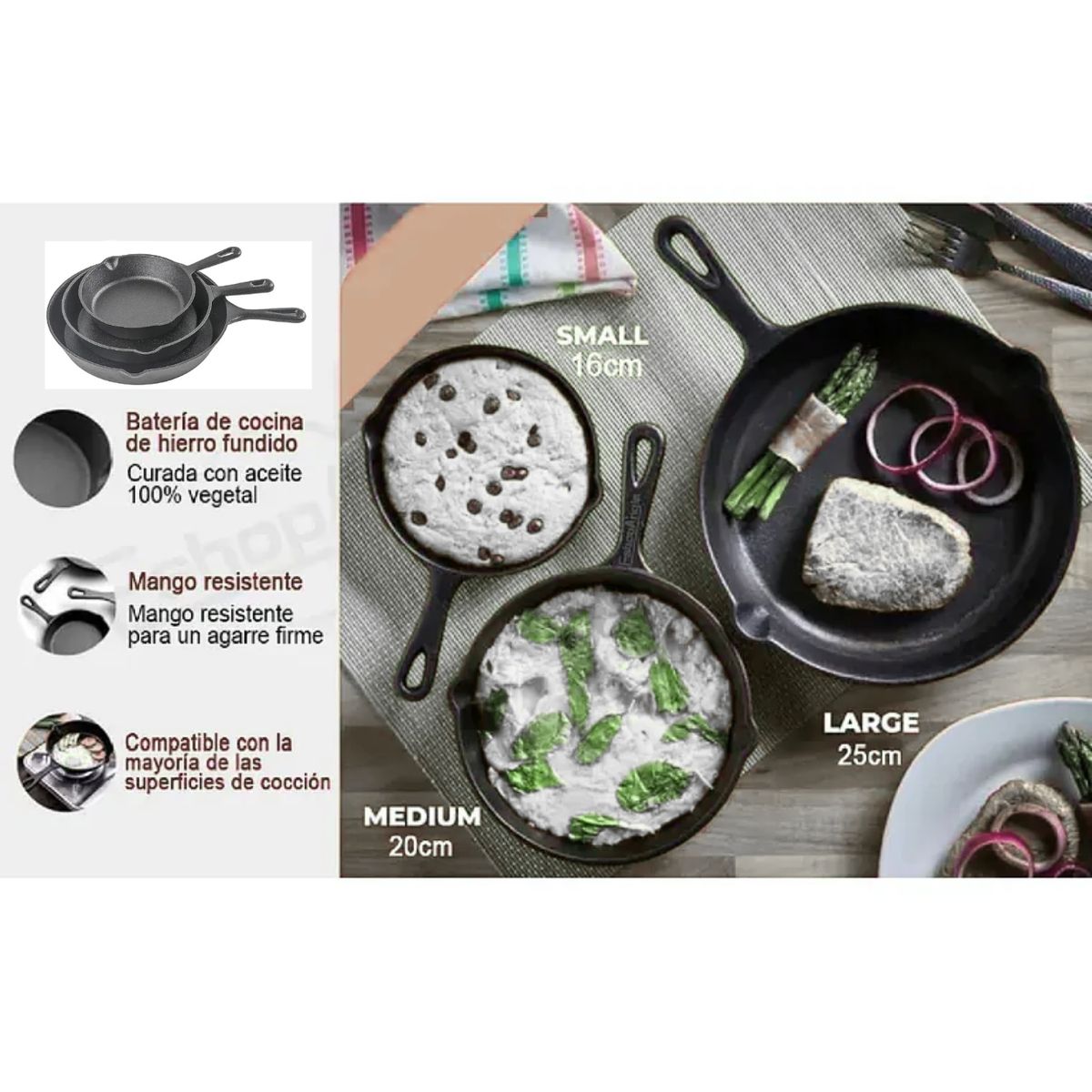GENERICO - Set De 3 Sartenes De Hierro Fundido 16 20 Y 25cm Cocina