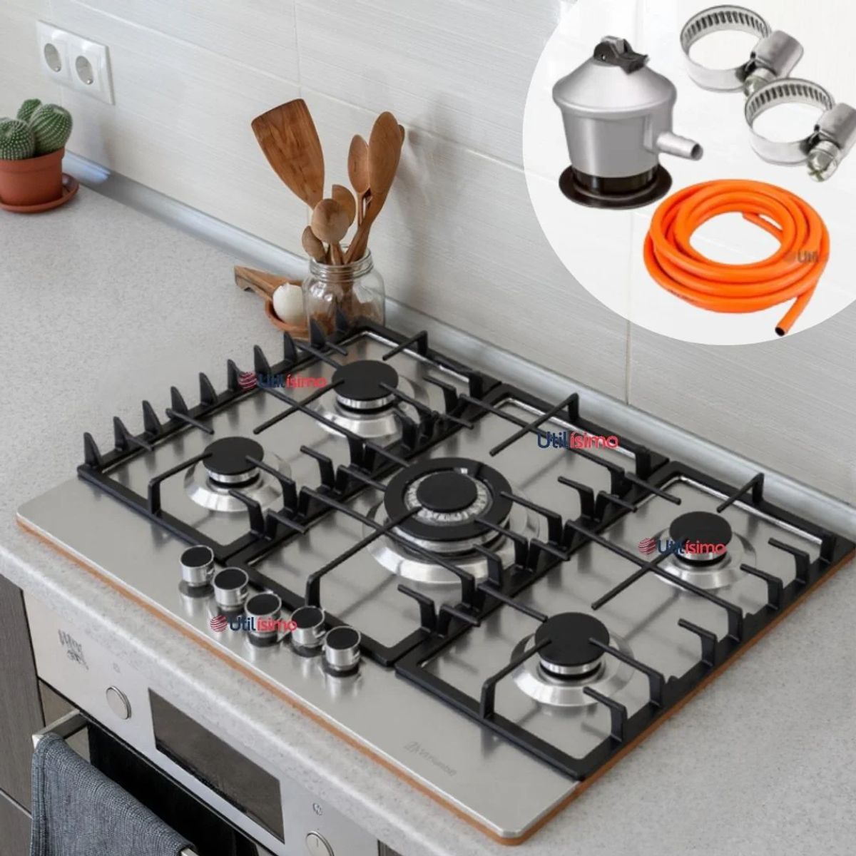 LINE - Encimera Gas Licuado 5 Platos Acero Inox con Chispero + Kit Instalación