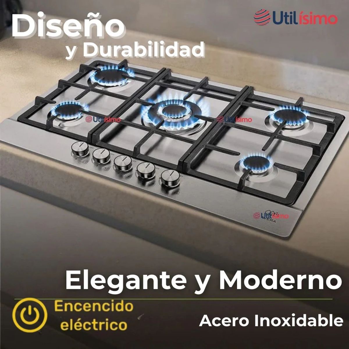 LINE - Encimera Gas Licuado 5 Platos Acero Inox con Chispero + Kit Instalación