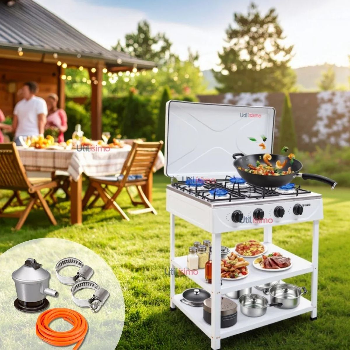 LINE - Cocina Encimera a Gas Licuado 5 Platos con Mesa + Kit de Instalación Cocinilla Blanco