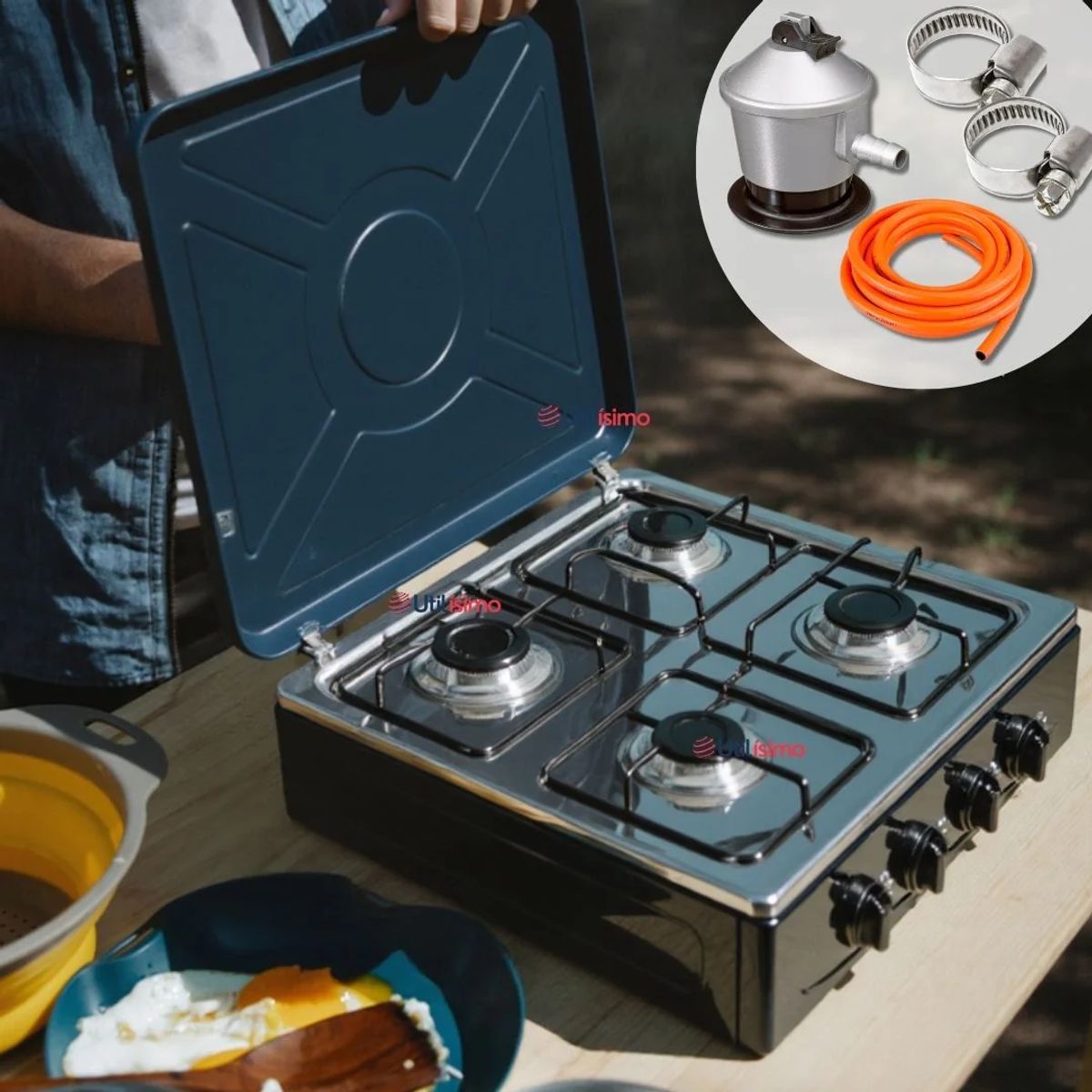 LINE - Cocina Encimera a Gas Licuado 4 Platos + Kit de Instalación Premium Negro