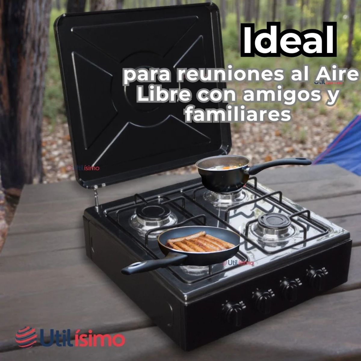 LINE - Cocina Encimera a Gas Licuado 4 Platos + Kit de Instalación Premium Negro