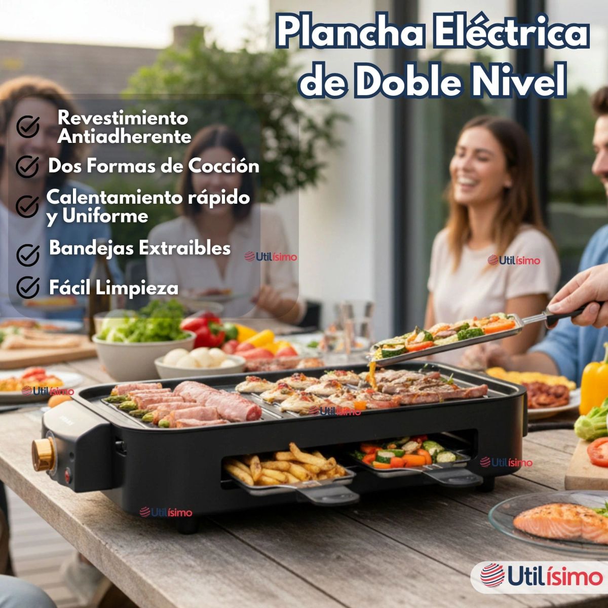 LINE - Parrilla Eléctrica de mesa Raclette 2 En 1 Sin Humo 1500w de Potencia Negra