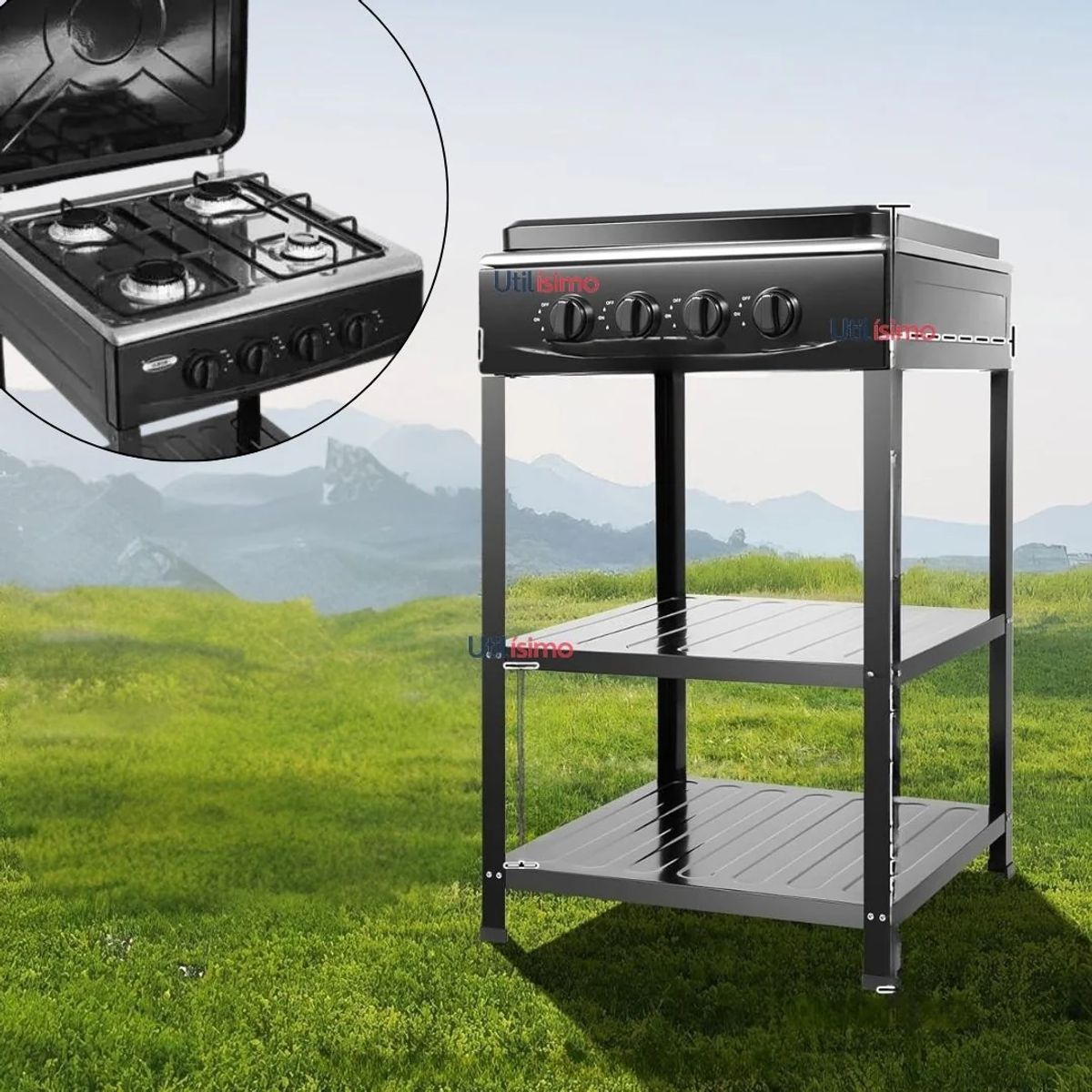 LINE - Cocina Encimera a Gas Licuado 4 Platos con Mesa Cocinilla Negro