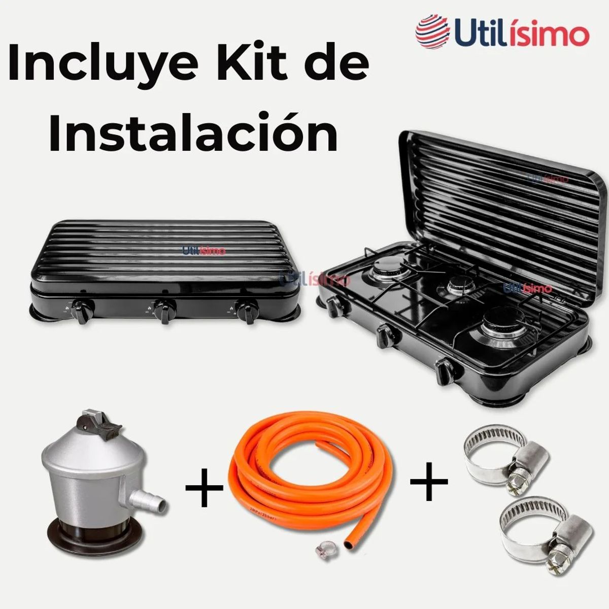 LINE - Cocina Encimera A Gas Licuado 3 Platos + Kit De Instalación Cocinilla Negro