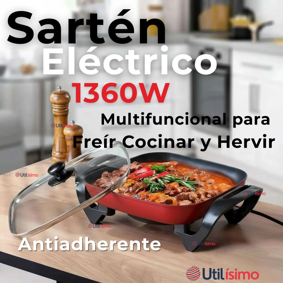 LINE - Sartén Eléctrico Multifuncional 1360W de Potencia Olla Antiadherente