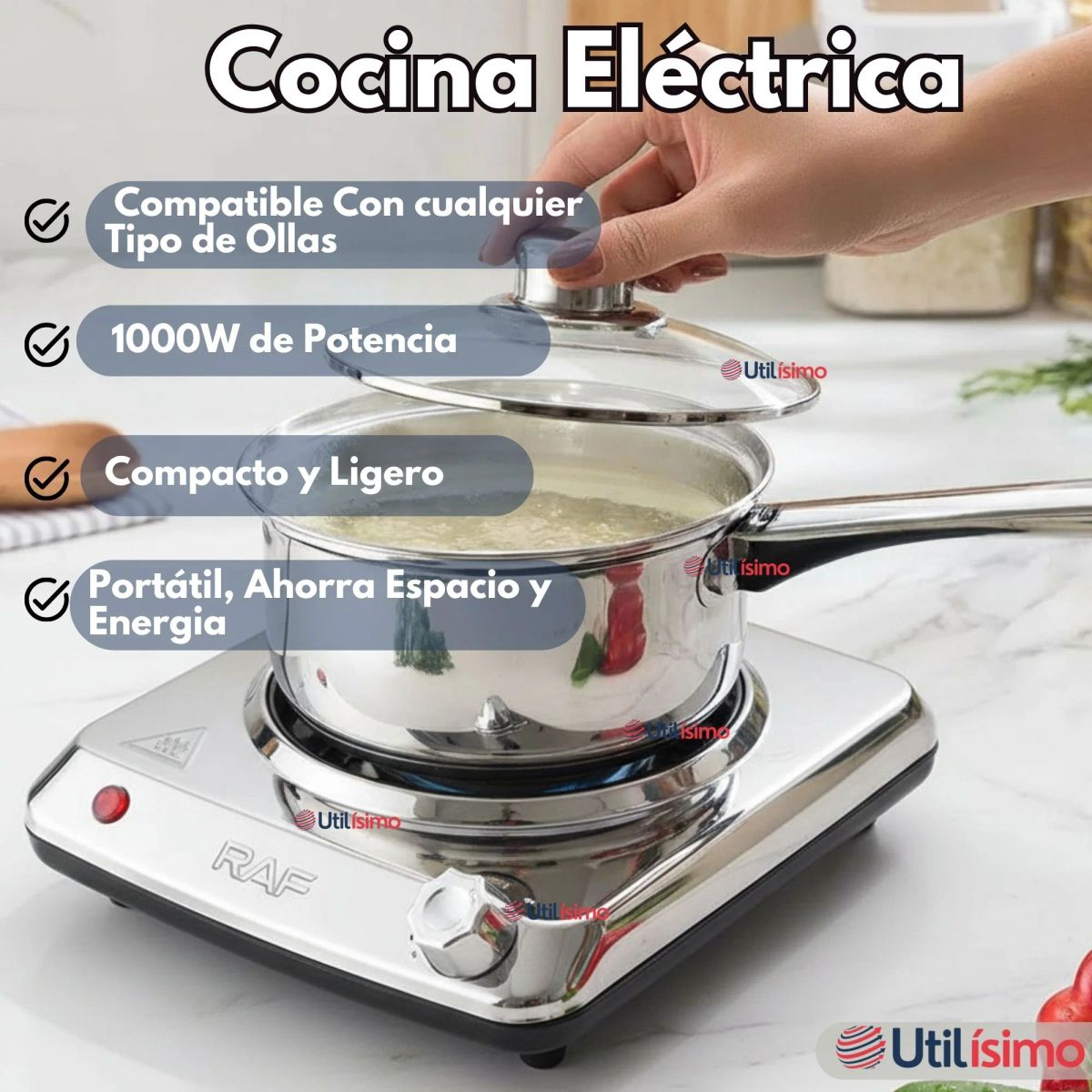 RAF - Cocina Cocinilla Eléctrica 1 Plato Acero Inoxidable Encimera 1000w Plateado