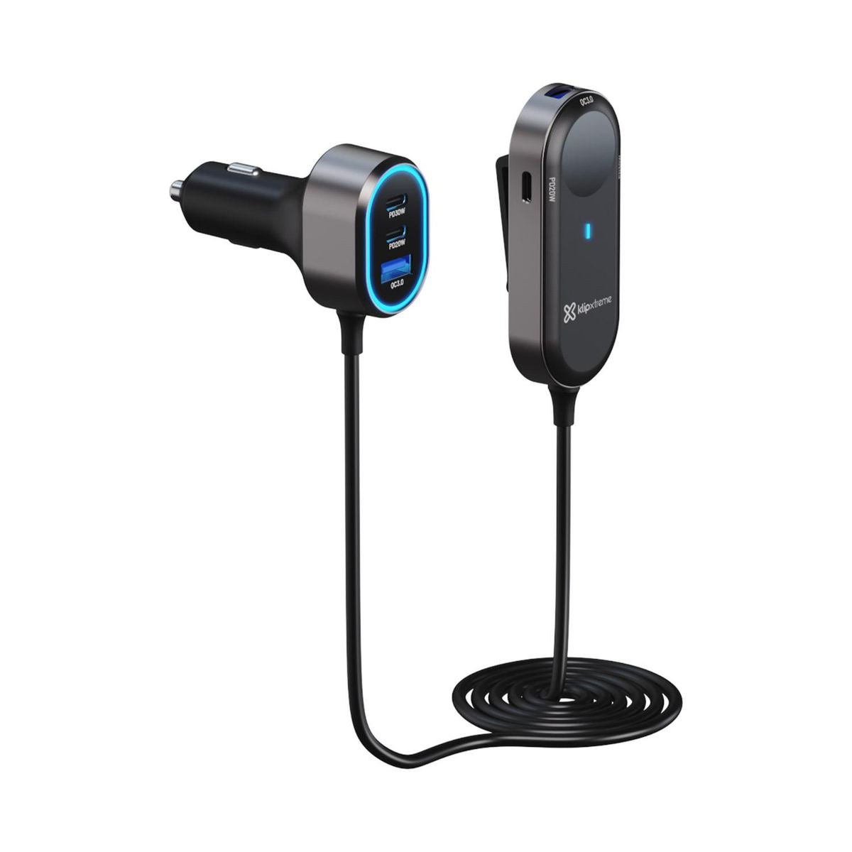 KLIP XTREME - KX Car Charger 100W Max 4xUSB-C PD30W + 2xUSB-A QC 3.0 Extension Cable
