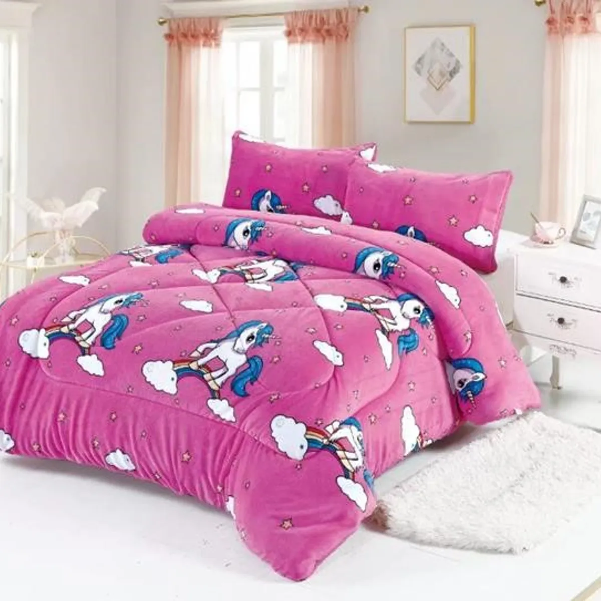 GENERICO - Cobertor de Invierno de Plush con Chiporro 1,5 Plaza Diseño Unicornio Fucsia