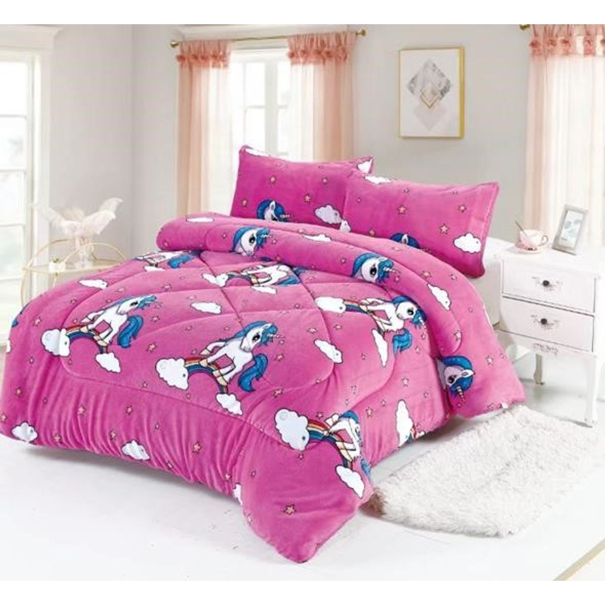 GENERICO - Cobertor de Invierno de Plush con Chiporro 1,5 Plaza Diseño Unicornio Fucsia