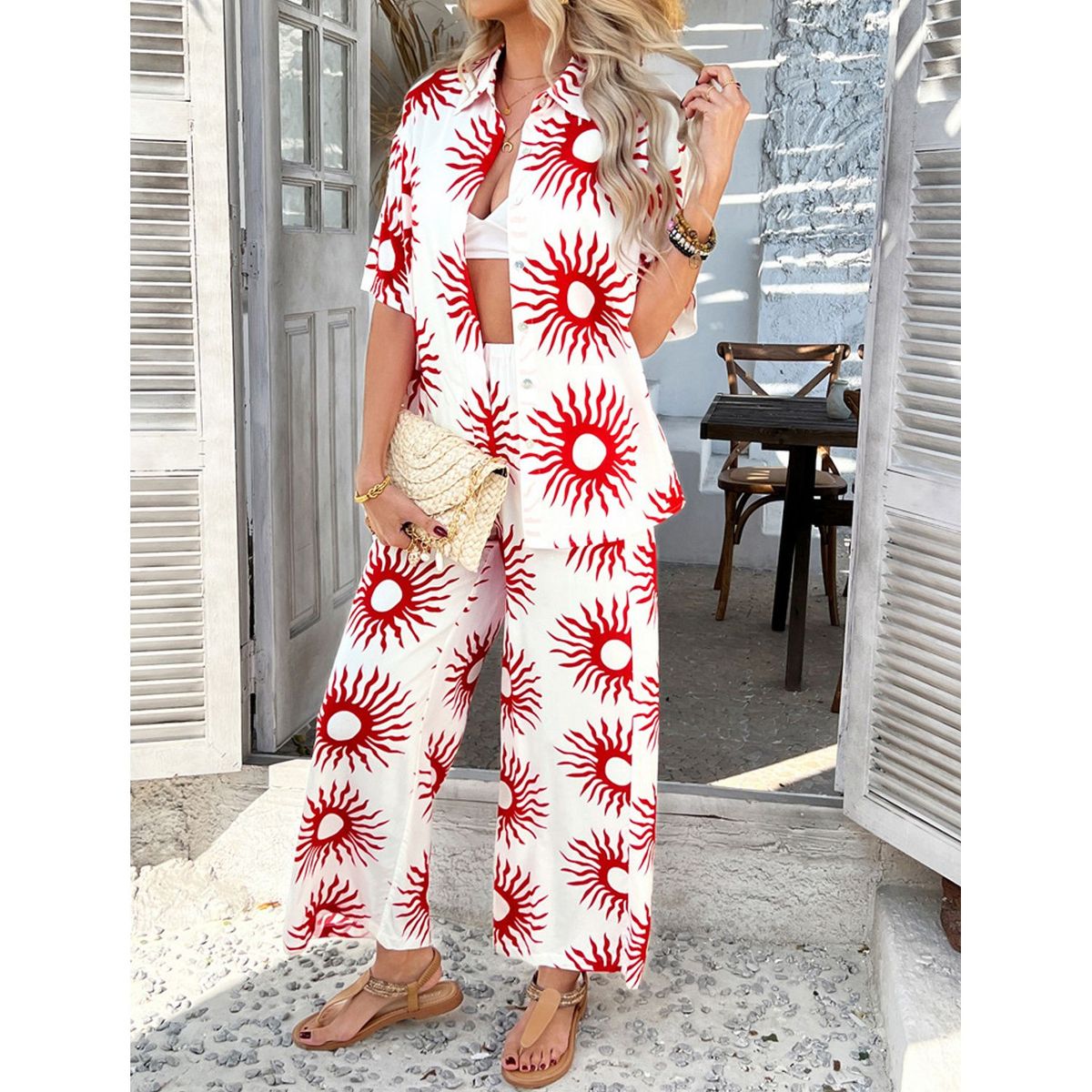 TIOZONEY - Conjunto estampado de manga corta-Blanco