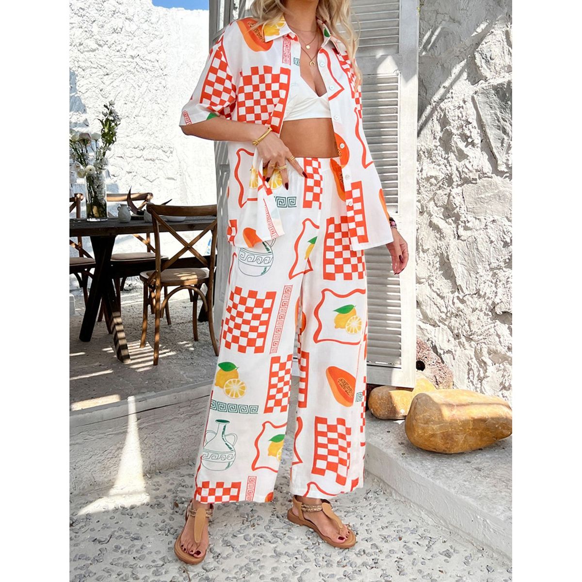 TIOZONEY - Conjunto estampado de manga corta-Blanco