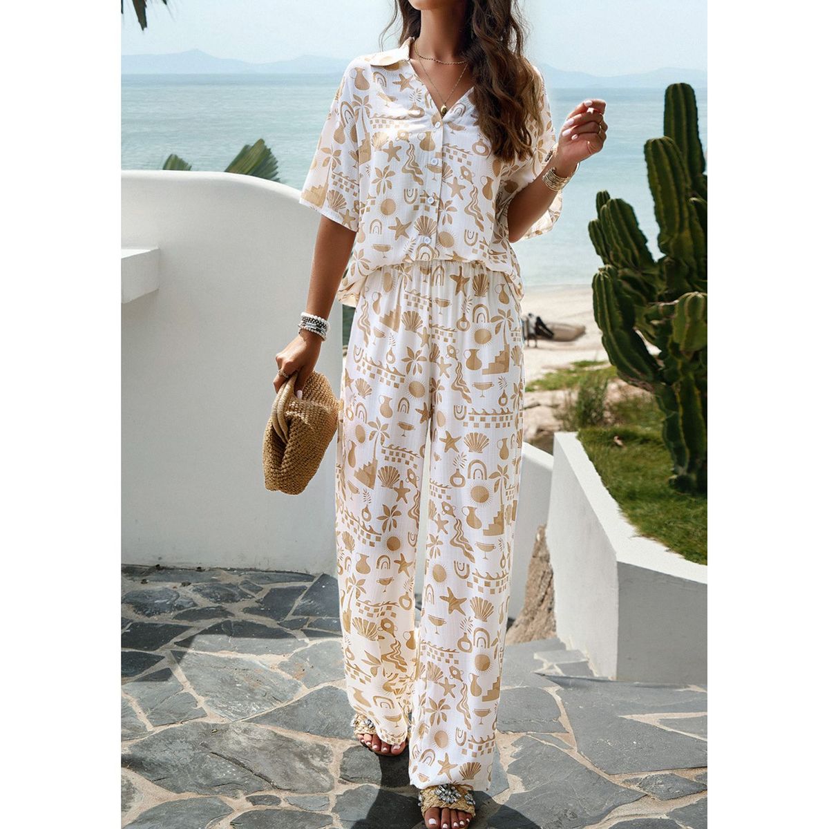 TIOZONEY - Conjunto estampado de manga corta-Beige