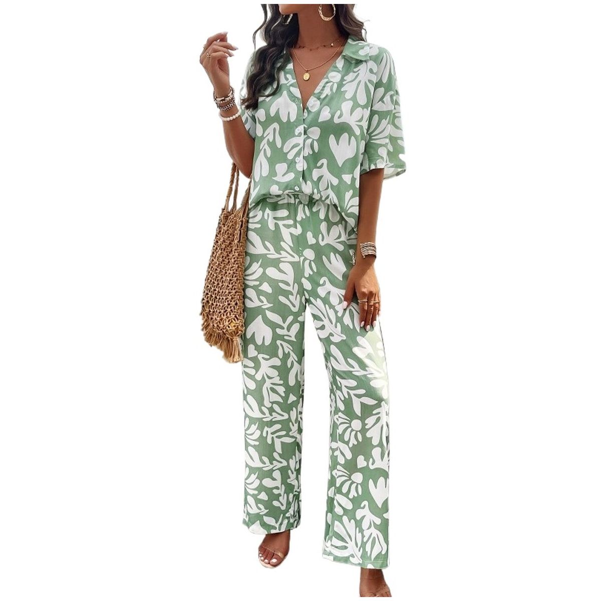 TIOZONEY - Conjunto estampado de manga corta-Verde