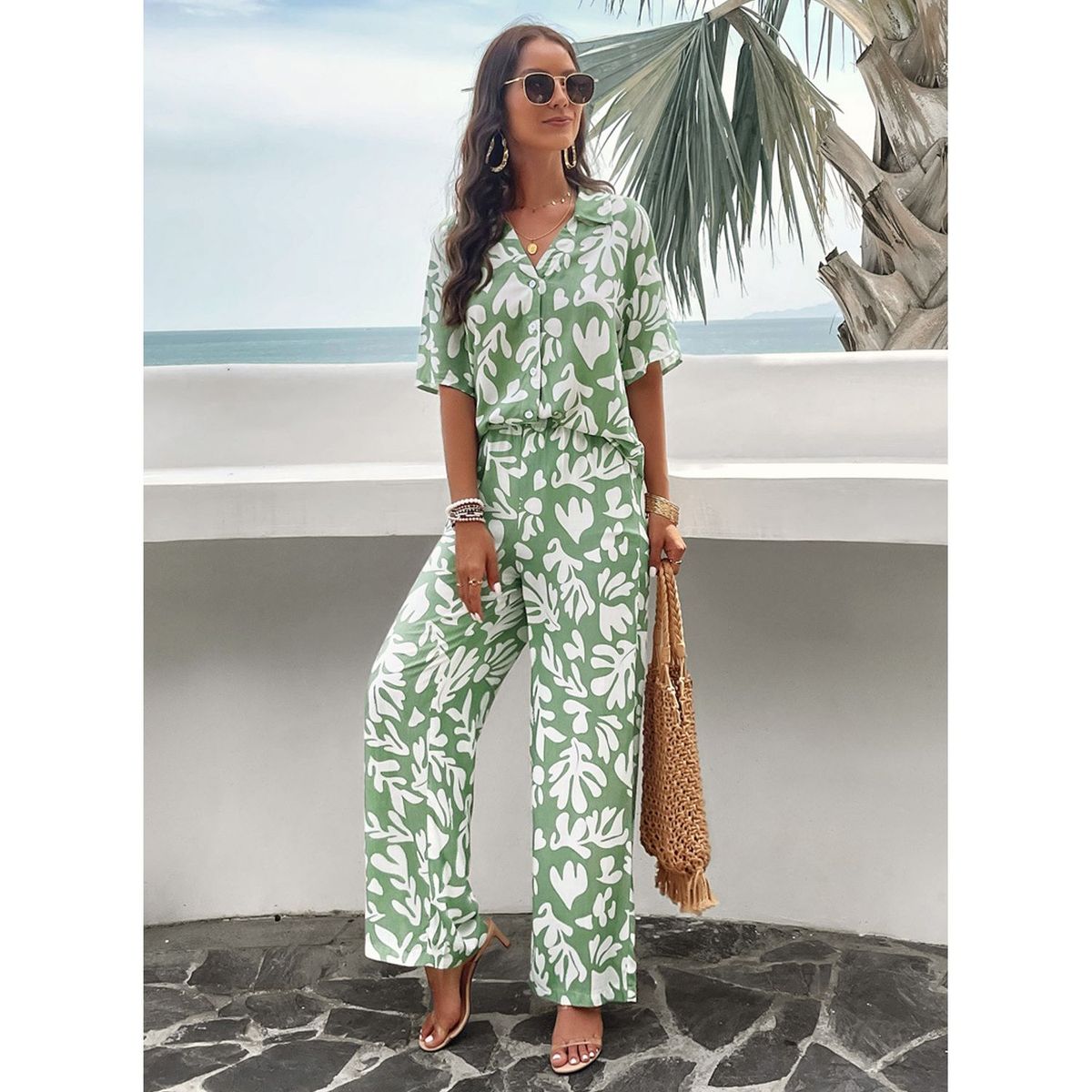 TIOZONEY - Conjunto estampado de manga corta-Verde