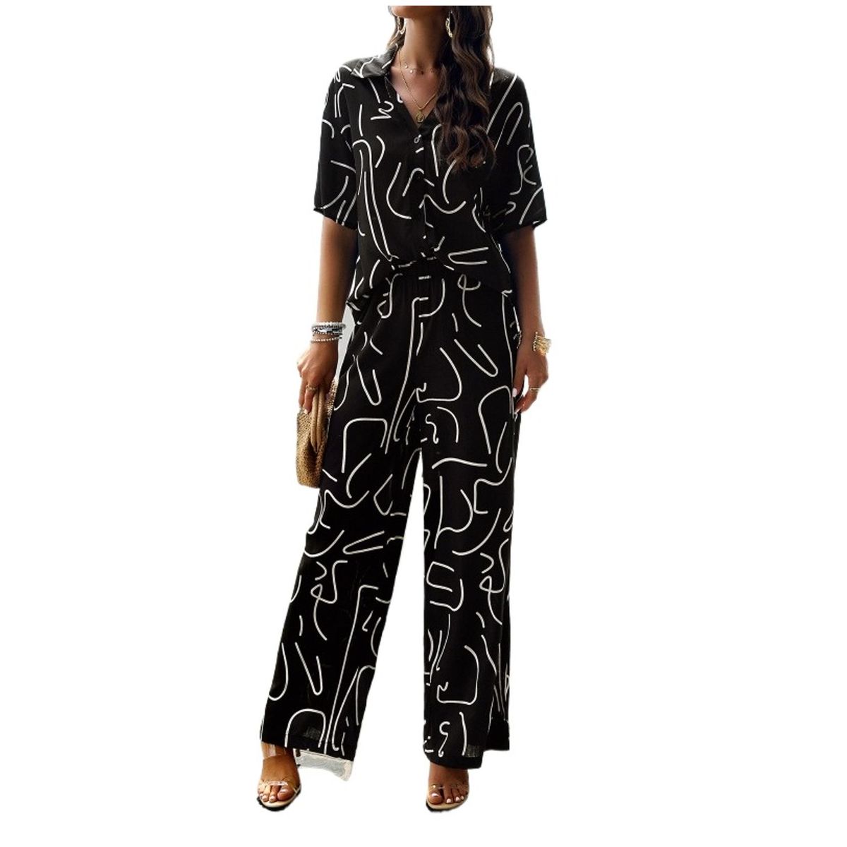 TIOZONEY - Conjunto estampado de manga corta-Negro