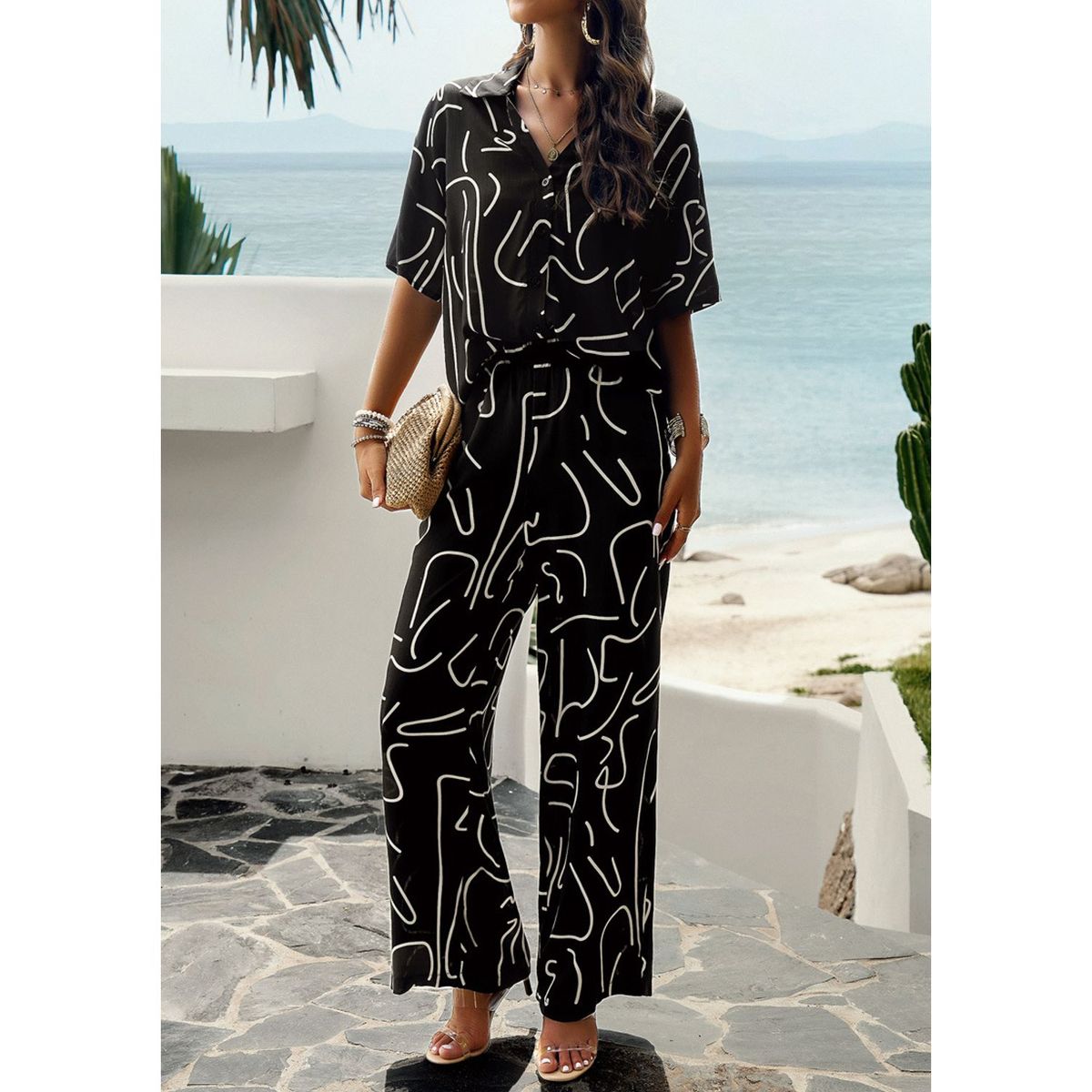 TIOZONEY - Conjunto estampado de manga corta-Negro