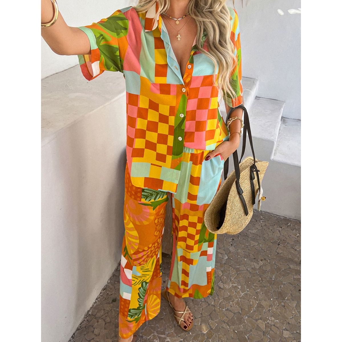 TIOZONEY - Conjunto de estilo bohemio para mujer-Naranja