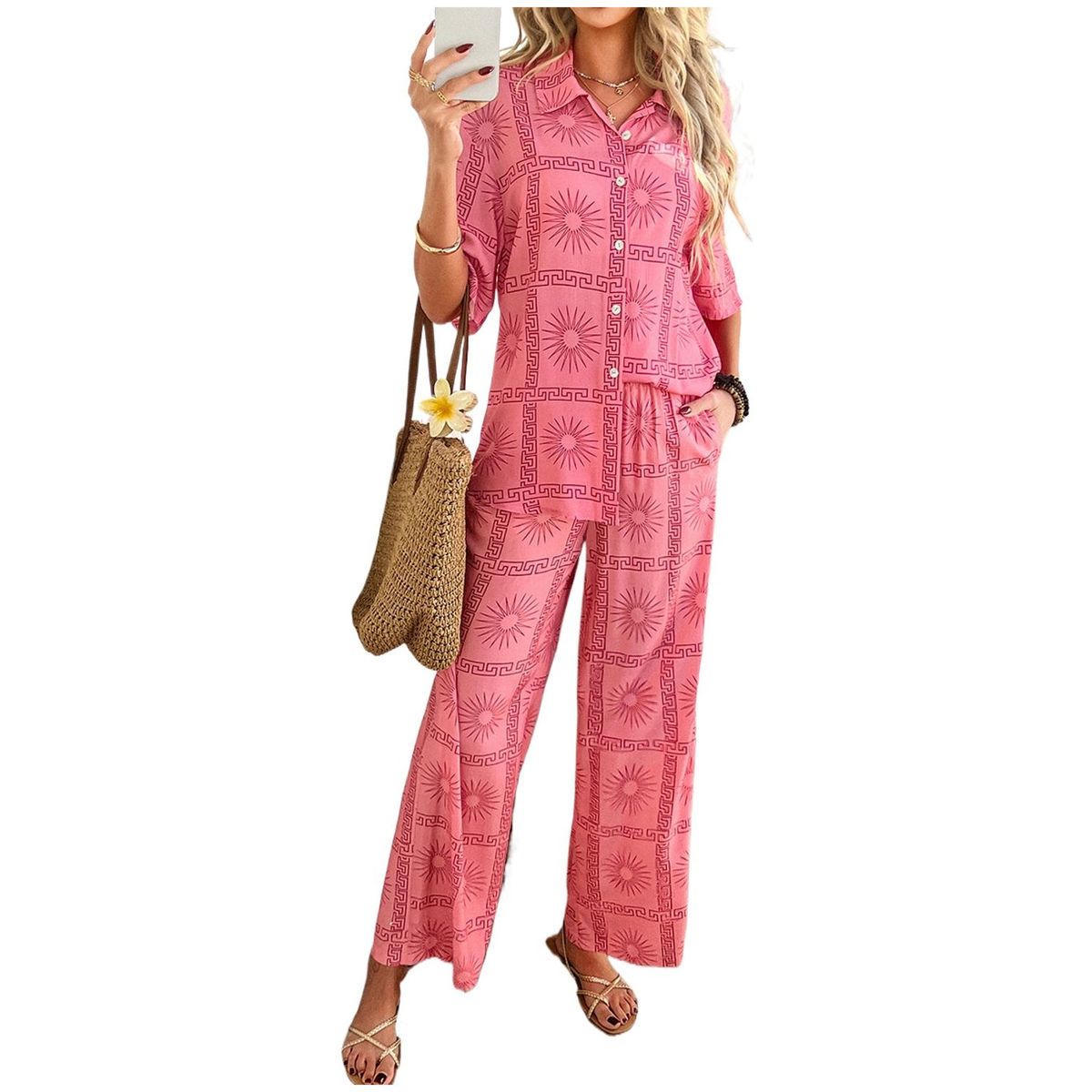 TIOZONEY - Conjunto de estilo bohemio para mujer-Rosado