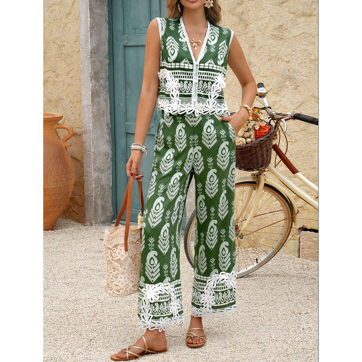 TIOZONEY - Conjunto estampado de manga corta para mujer-Verde