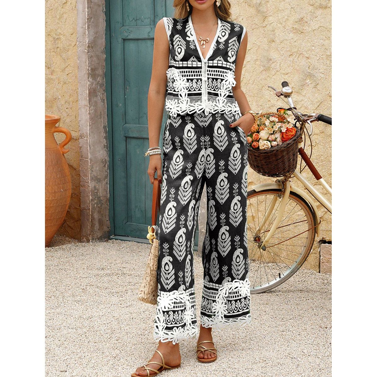 TIOZONEY - Conjunto estampado de manga corta para mujer-Negro