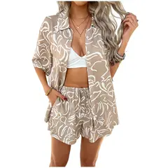 TIOZONEY - Conjunto de cárdigan estampado para mujer-Café