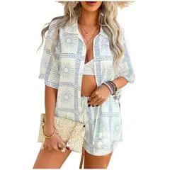 TIOZONEY - Conjunto de cárdigan estampado para mujer-Azul