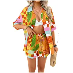 TIOZONEY - Conjunto de cárdigan estampado para mujer-Naranja
