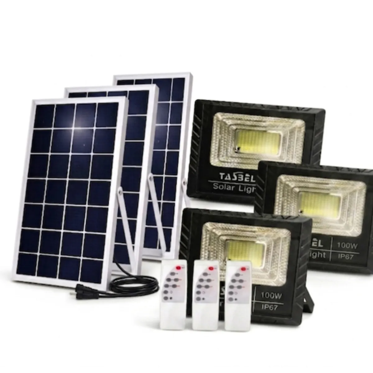 TASBEL - Pack 3 Focos Solares LED 100W Exterior Panel Solar Control Remoto IP67 Negro Luz Blanco Frio Tasbel