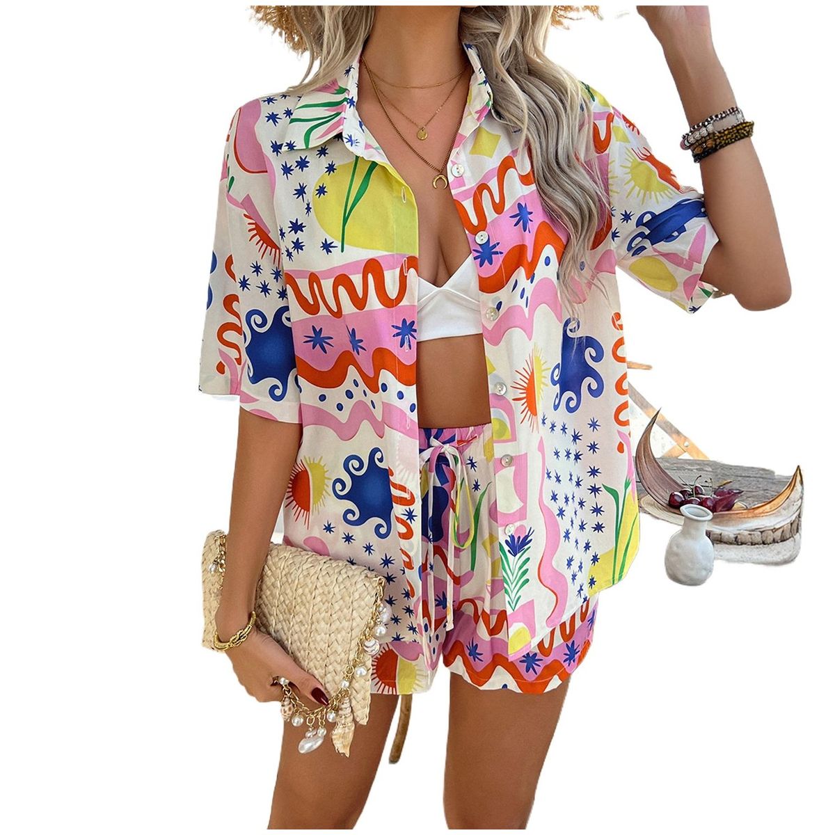 TIOZONEY - Traje de camisa estampada para mujer-Blanco