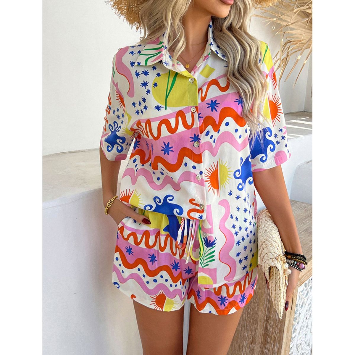 TIOZONEY - Traje de camisa estampada para mujer-Blanco