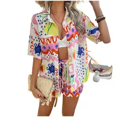 TIOZONEY - Traje de camisa estampada para mujer-Blanco