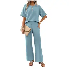 TIOZONEY - Traje de manga corta de punto para mujer-Azul