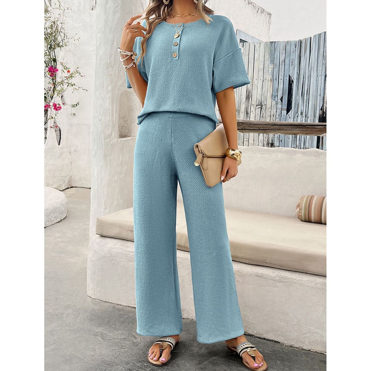 TIOZONEY - Traje de manga corta de punto para mujer-Azul