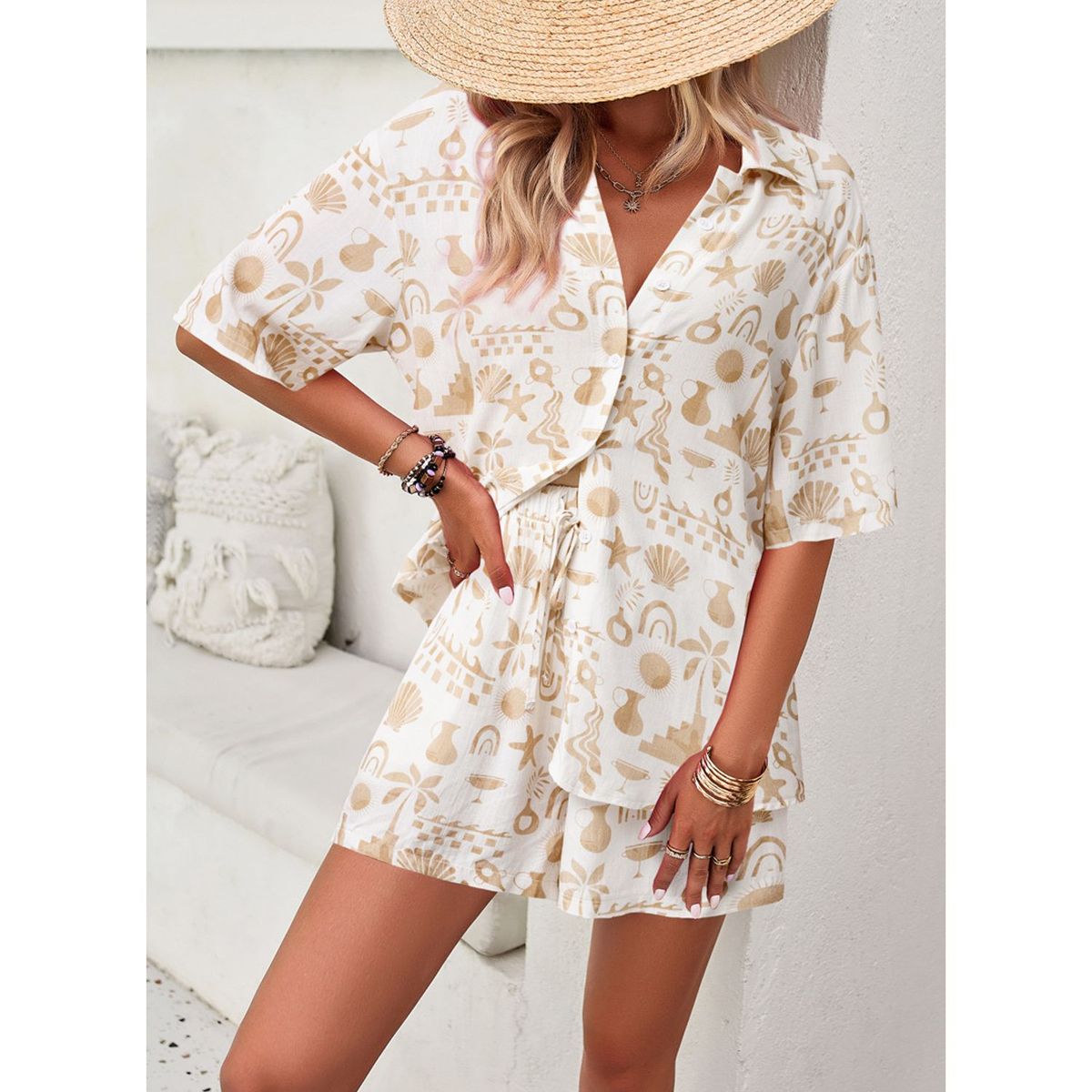 TIOZONEY - Traje de camisa estampada para mujer-Blanco