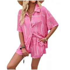 TIOZONEY - Traje de camisa estampada para mujer-Rosa