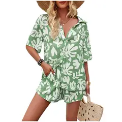 TIOZONEY - Traje de camisa estampada para mujer-Verde