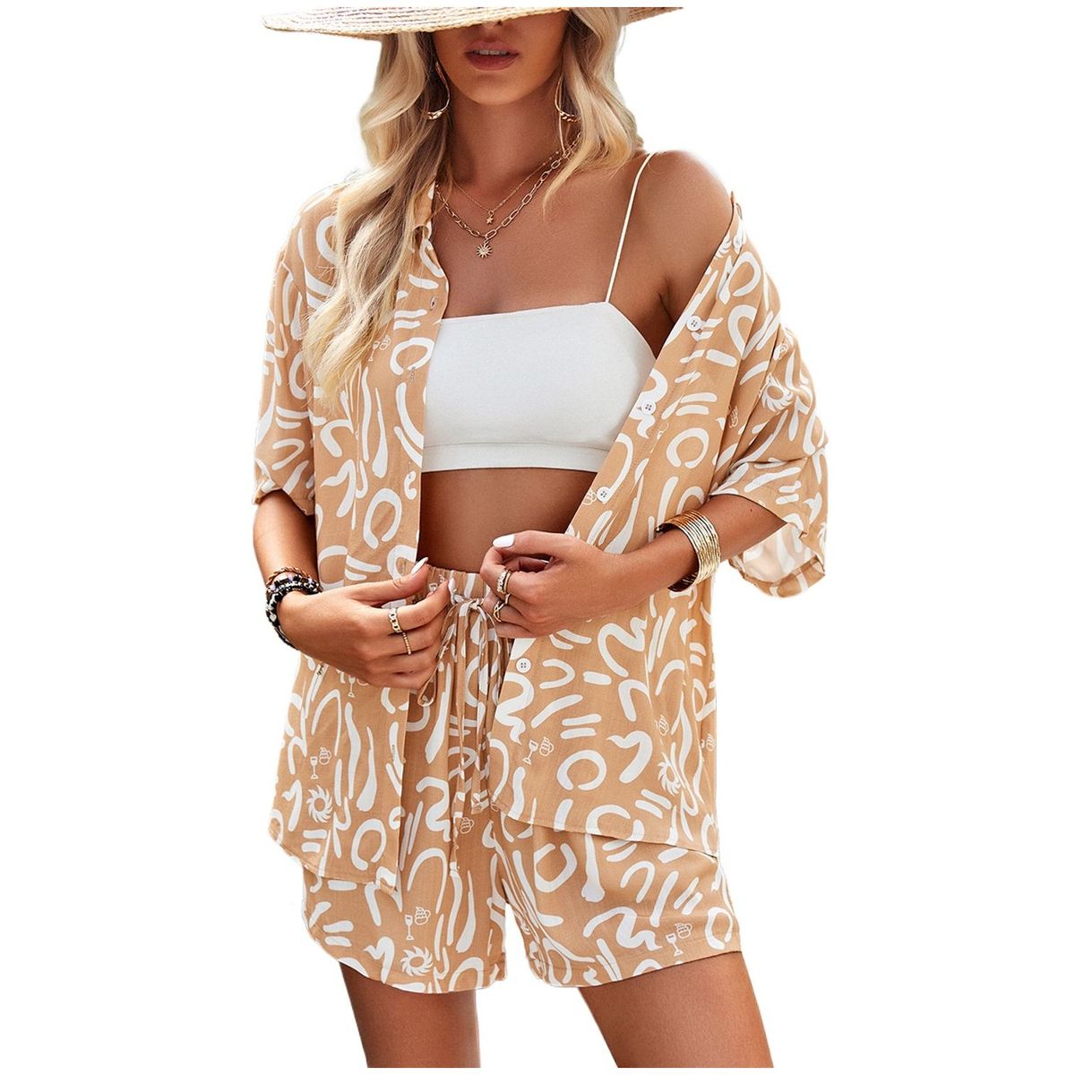 TIOZONEY - Traje de camisa estampada para mujer-Marrón