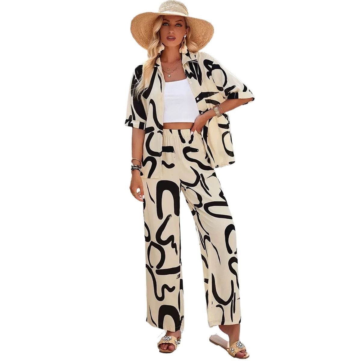 TIOZONEY - Conjunto informal estampado para mujer-Marrón