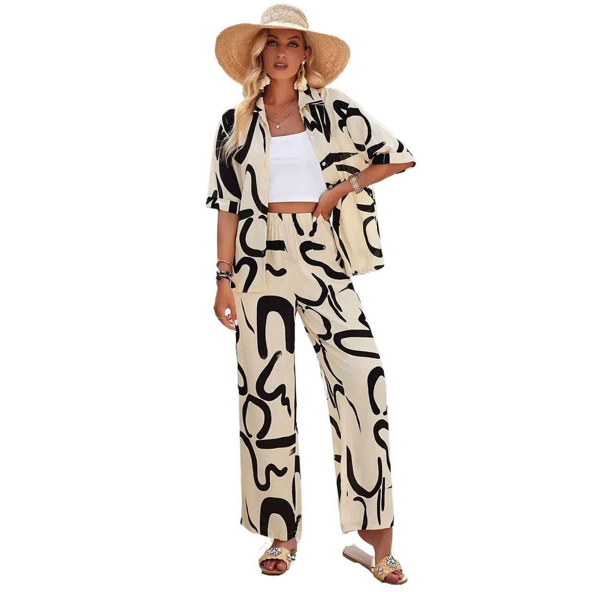 TIOZONEY - Conjunto informal estampado para mujer-Marrón