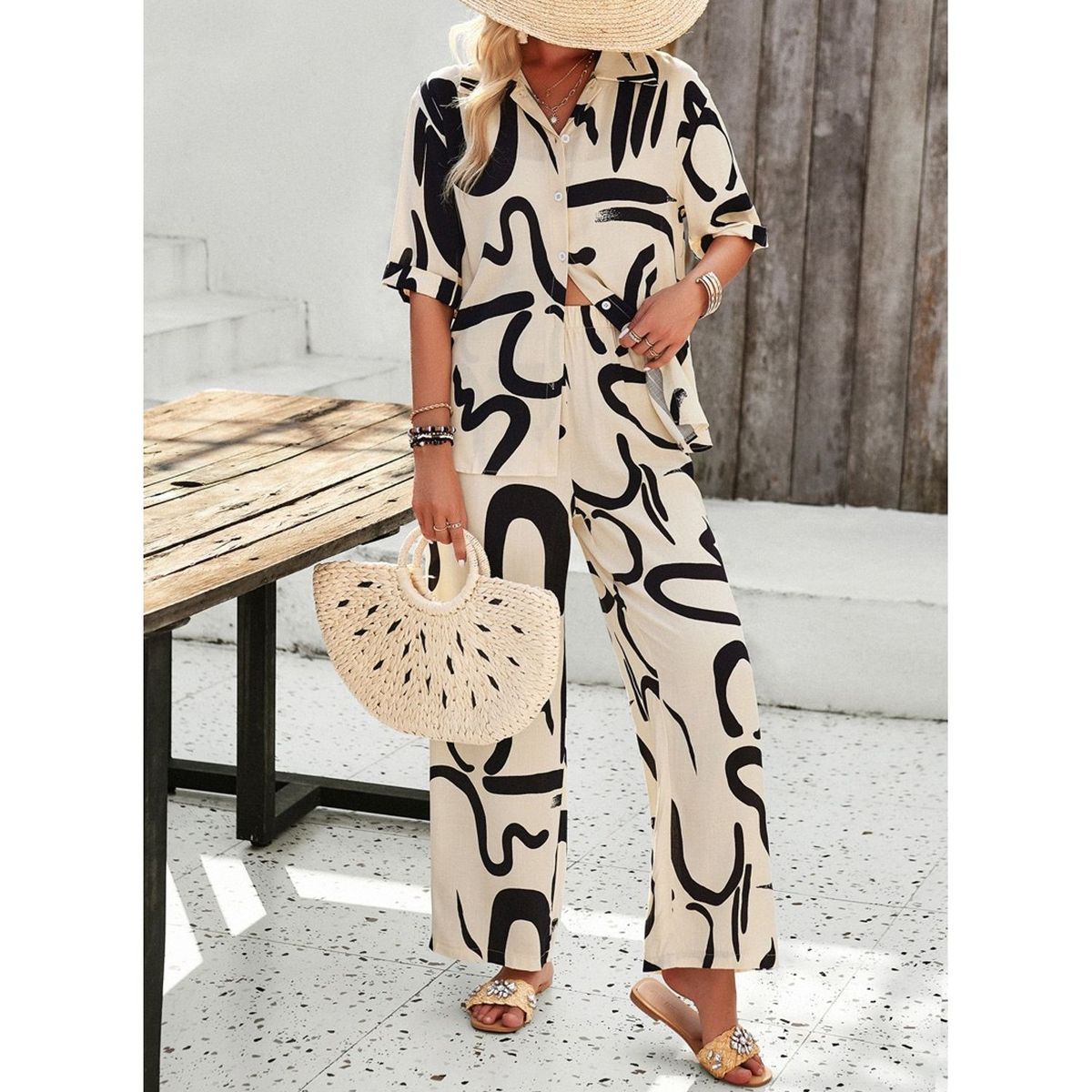 TIOZONEY - Conjunto informal estampado para mujer-Marrón