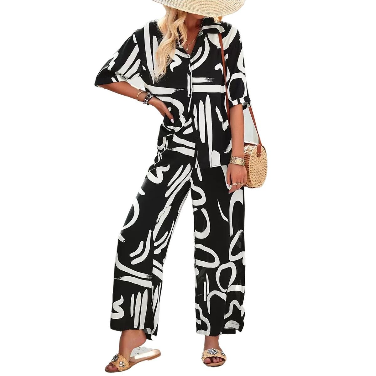 TIOZONEY - Conjunto informal estampado para mujer-Nergo
