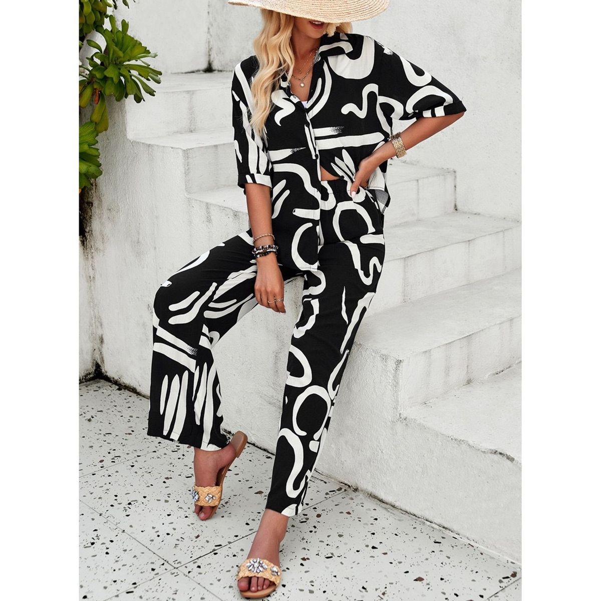 TIOZONEY - Conjunto informal estampado para mujer-Nergo