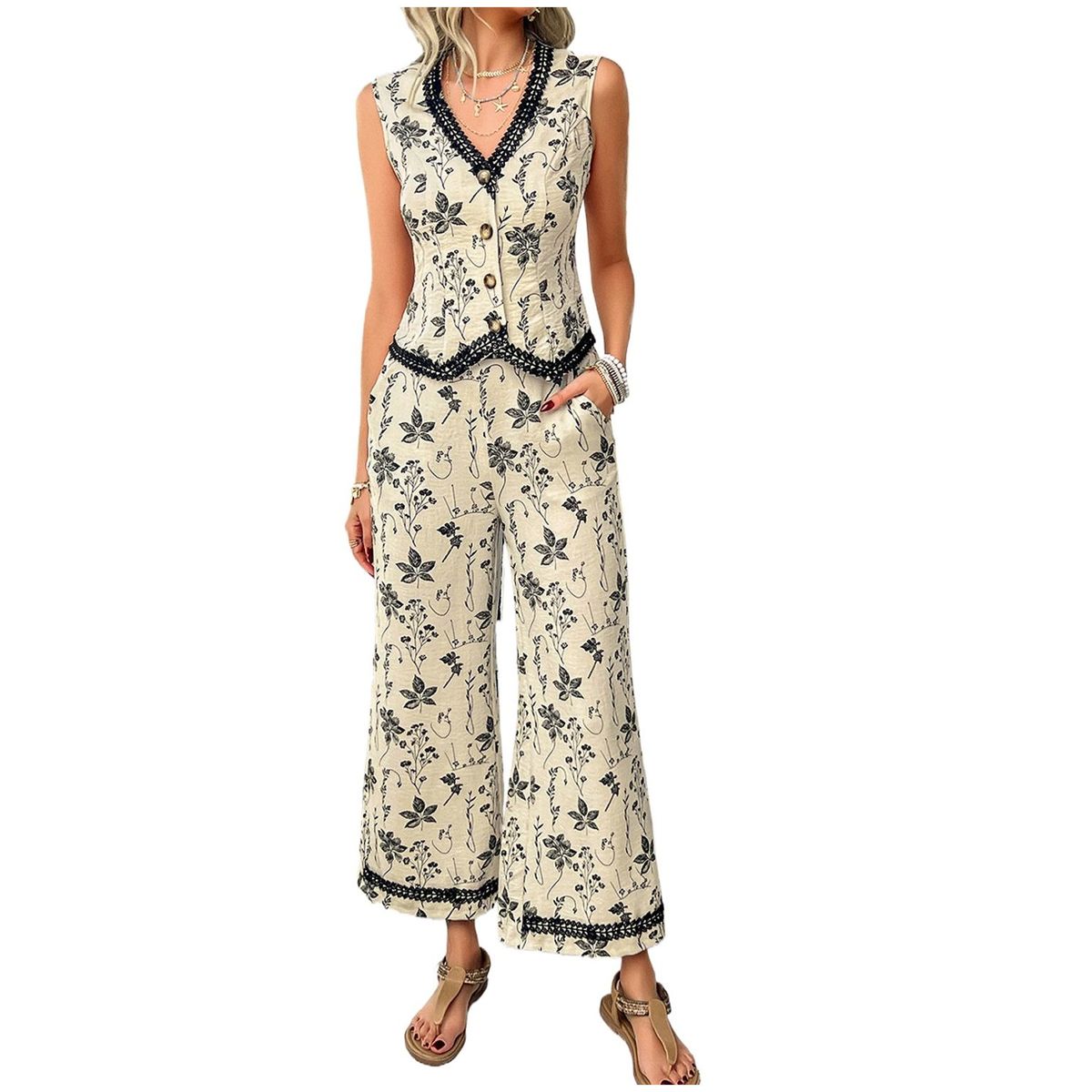 TIOZONEY - Conjunto informal estampado para mujer-Blanco