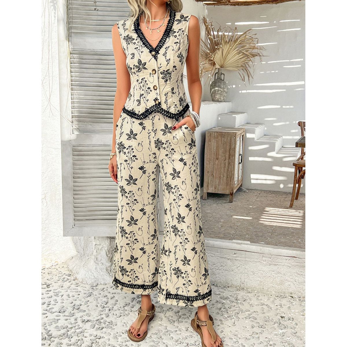 TIOZONEY - Conjunto informal estampado para mujer-Blanco