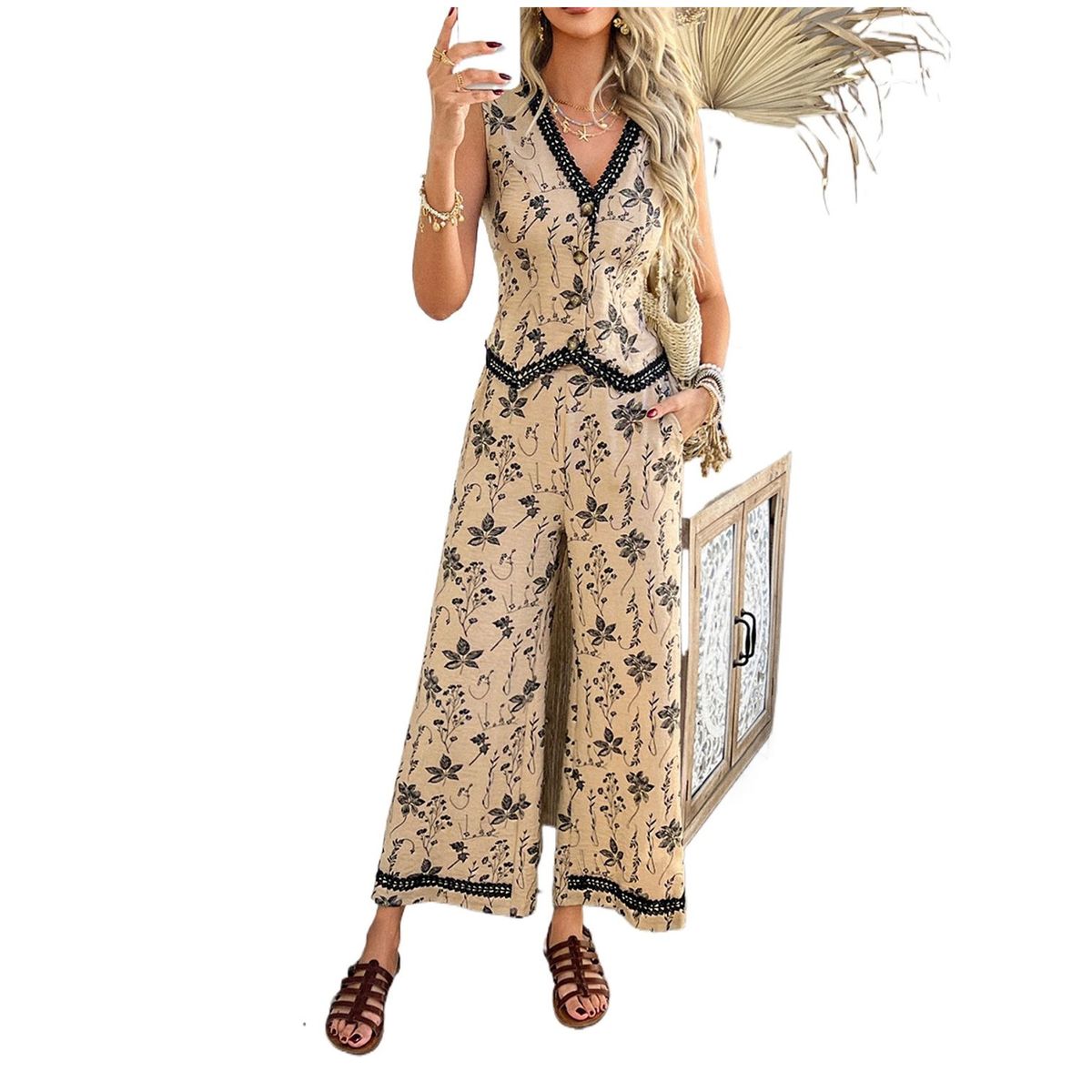 TIOZONEY - Conjunto informal estampado para mujer-Marrón