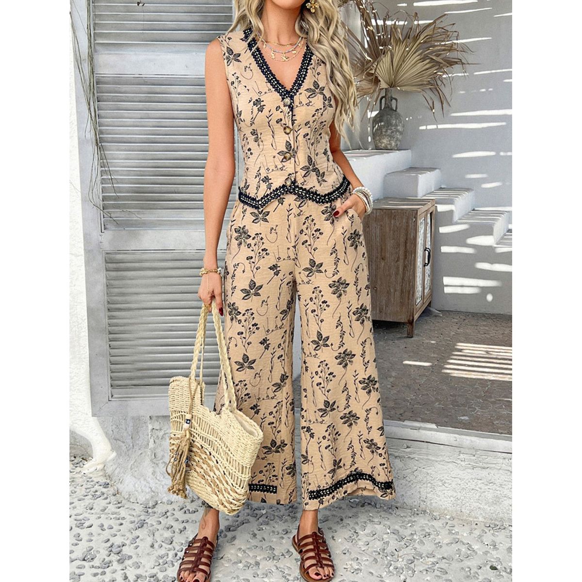 TIOZONEY - Conjunto informal estampado para mujer-Marrón