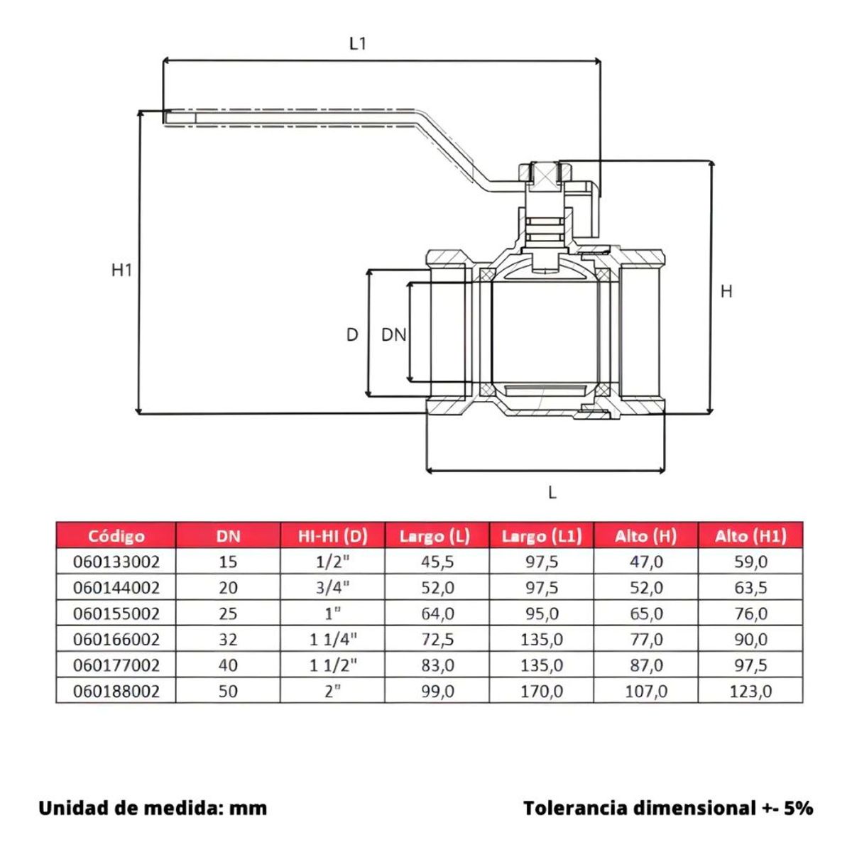 TAUMM - Llave Válvula Bola Paso ½puLG HI - HI - Pn15 - Taumm
