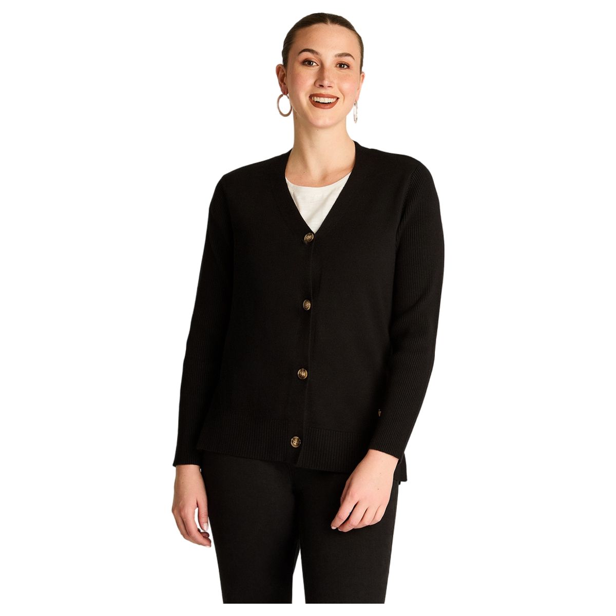 LORENZO DI PONTTI - Cardigan Negro Escote V con Botones Carey